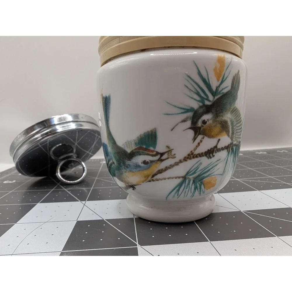 Royal Worcester Porcelain Egg Coddler Birds Pattern Made in England Chrome Lid